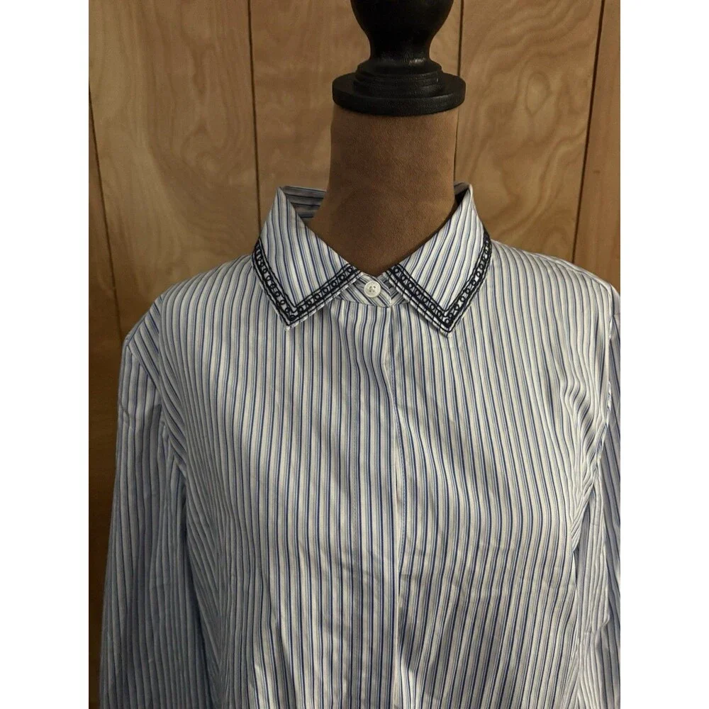 Tory Burch Blue White Pinstripe Cotton Paige‎ Top Bell Sleeves Size 12 NWT